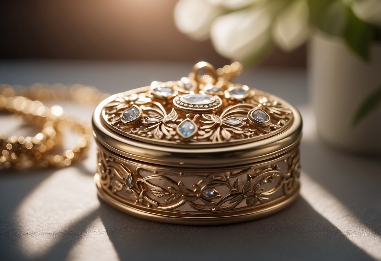 A delicate jewelry box sits open, revealing a personalized necklace with the daughter's name engraved on it. The soft light of the room highlights the intricate details of the piece