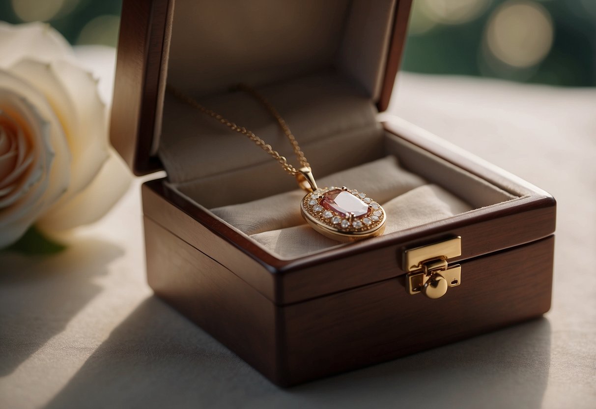 A small jewelry box opens, revealing a delicate necklace with a sparkling pendant. The daughter's eyes light up as her parents present her with the family heirloom on her wedding day