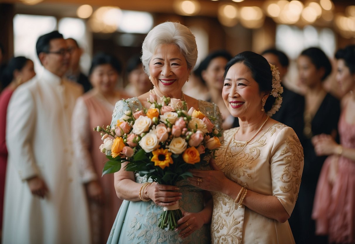 A mother-in-law presents a traditional wedding gift to the bride, symbolizing cultural variations in wedding customs