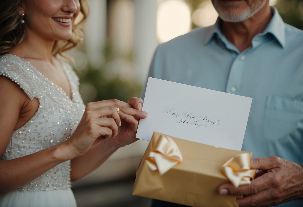 Parents present a handwritten letter and a gift to their daughter on her wedding day