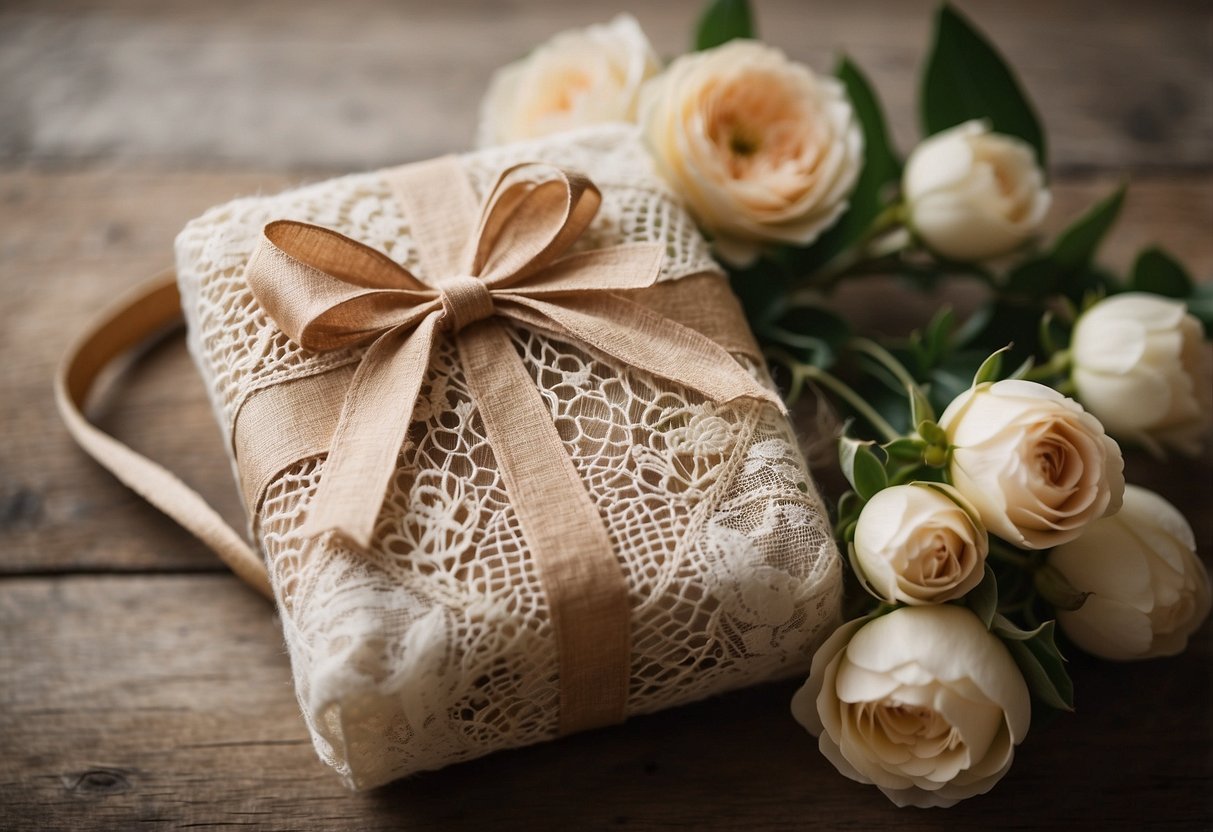 A vintage lace and burlap wrap encases a wedding shower gift, adorned with delicate floral accents and a rustic bow