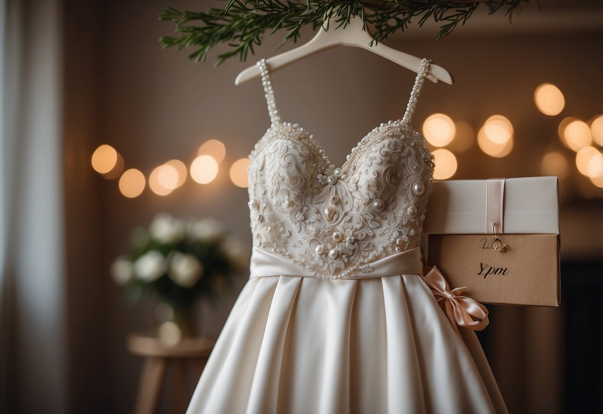 A delicate wedding dress hanger with personalized engraving, surrounded by a loving note and a small gift box from the bride's parents