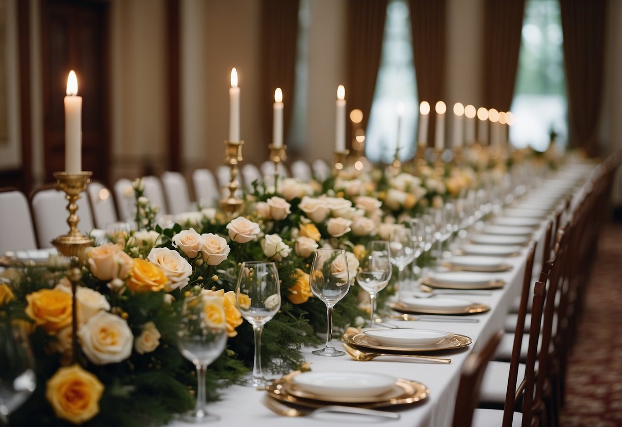 A long banquet table adorned with elegant floral centerpieces and place settings arranged in a symmetrical and aesthetically pleasing manner