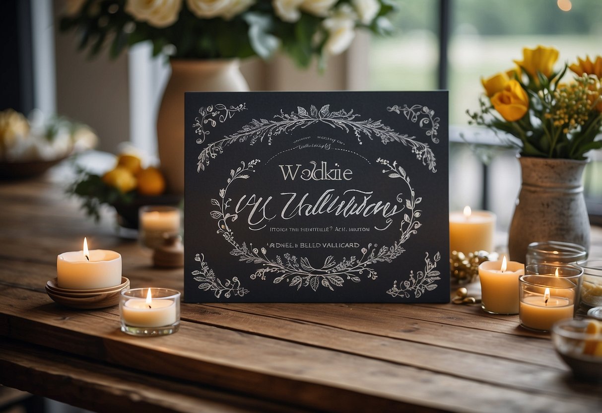 A chalkboard paper with calligraphy wedding shower gift wrapping ideas displayed on a table with various ribbons and decorative elements