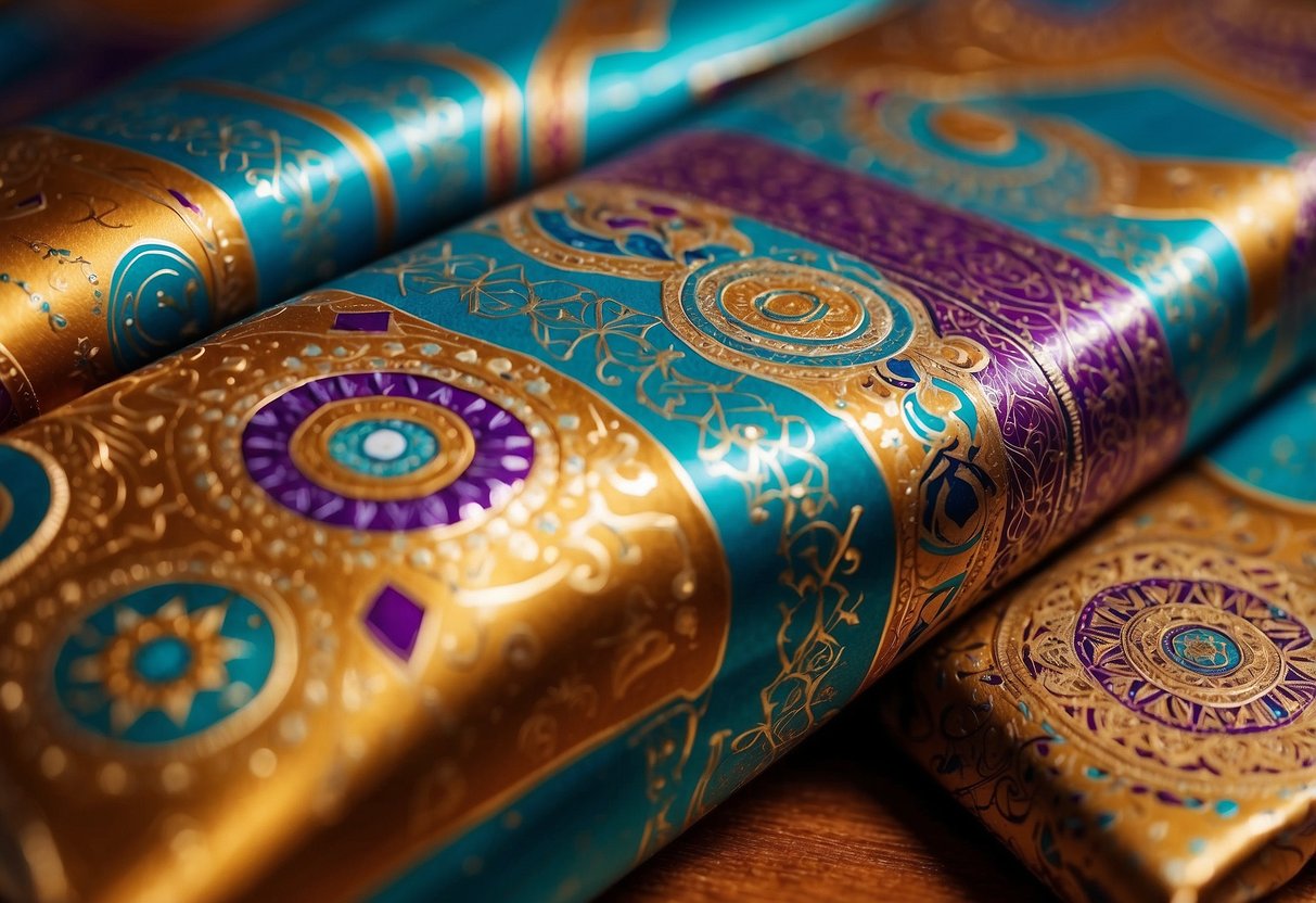 Vibrant Moroccan patterns adorn the wrapping paper, with intricate geometric designs and bright colors. A pile of wedding shower gifts are neatly wrapped in the paper, creating a beautiful and exotic display