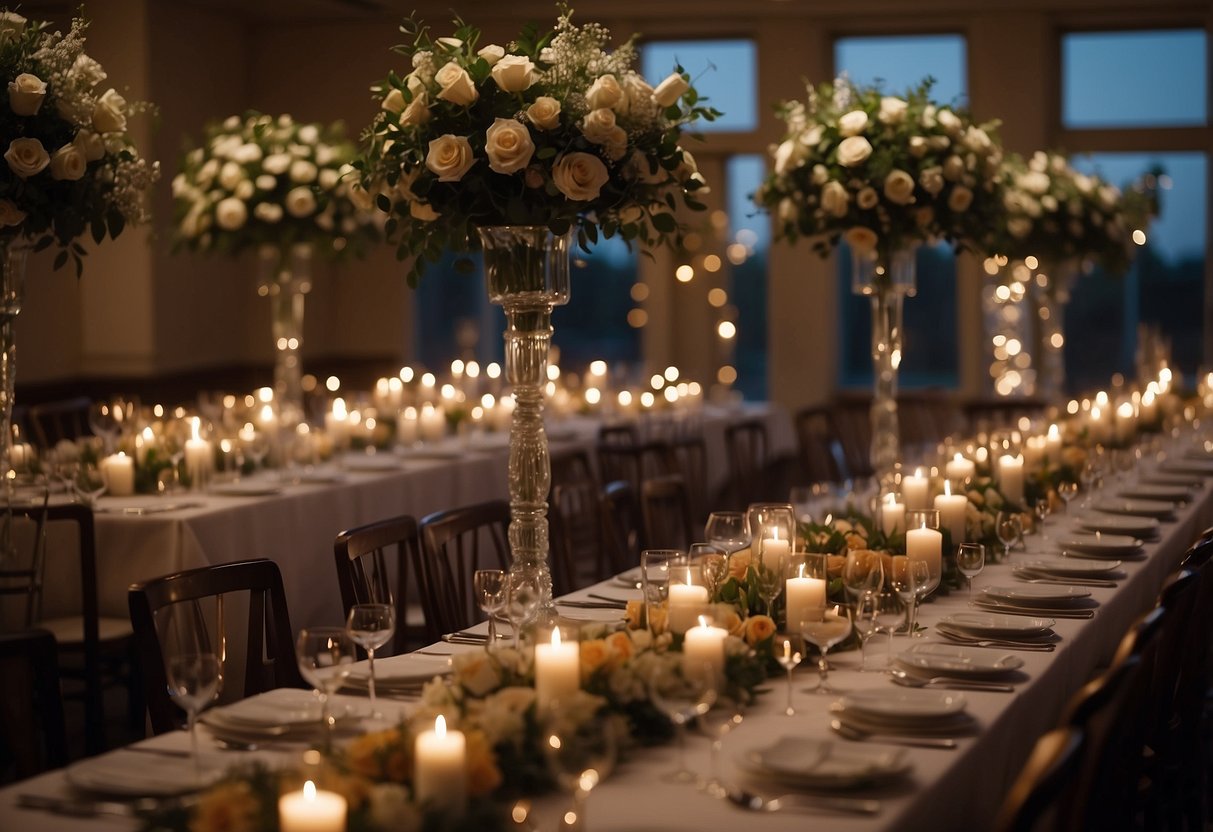 Long banquet tables arranged in a U-shape with elegant table settings, floral centerpieces, and flickering candlelight