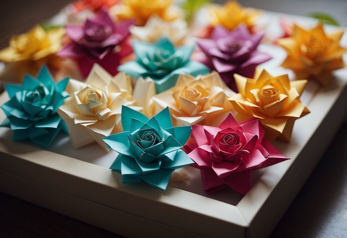 Colorful origami silk flowers arranged on a gift box, with ribbon and decorative paper