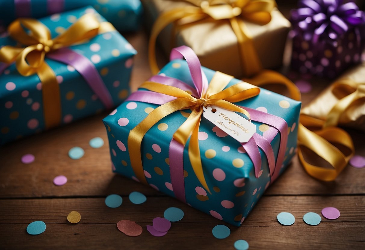 A table with colorful gift wrapping paper, ribbons, and custom wedding date tags scattered around