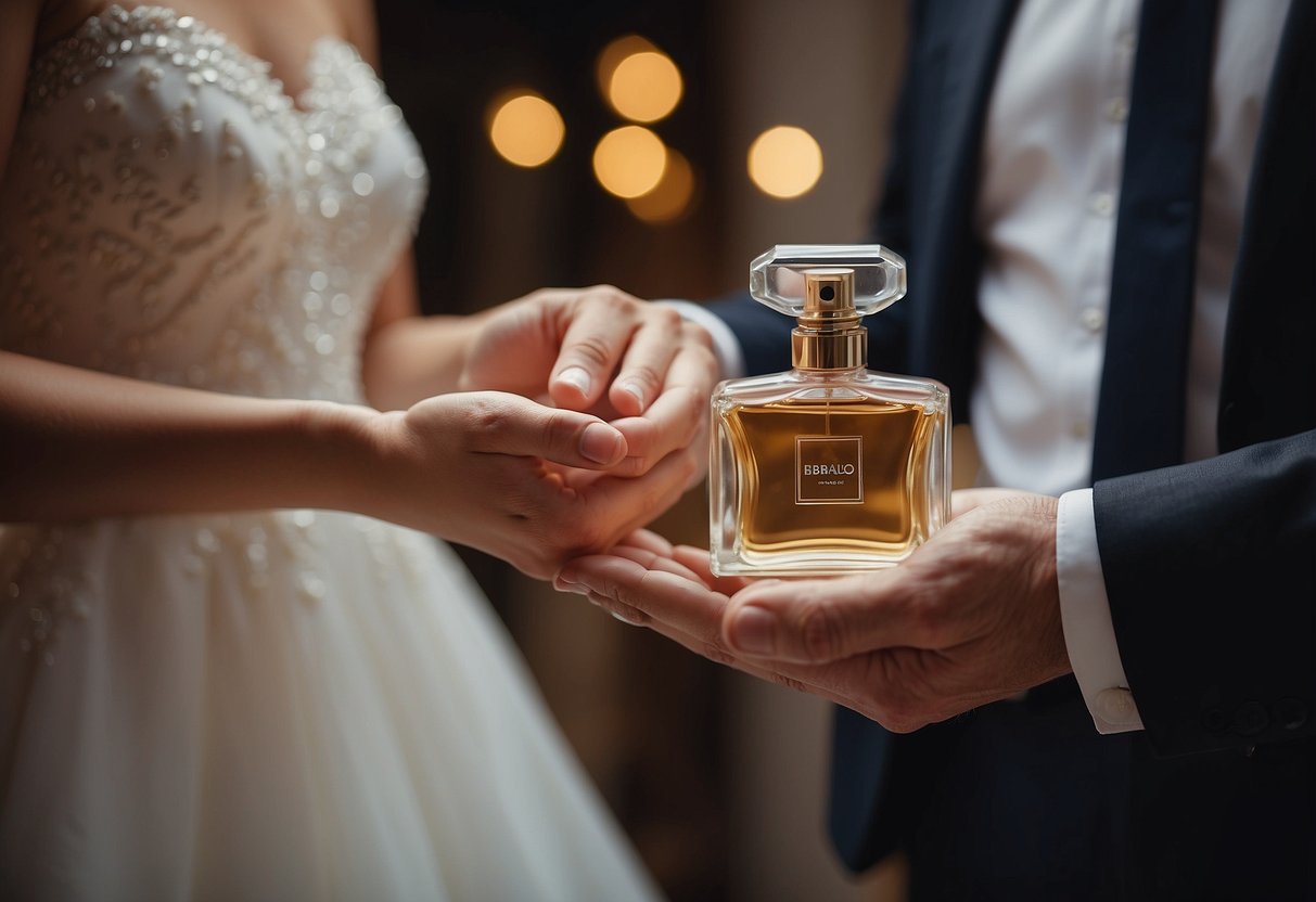 Parents present a delicate bottle of perfume to their daughter on her wedding day, a symbol of love and cherished memories