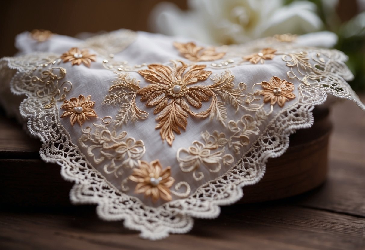 A delicate handkerchief with intricate embroidery is presented as a wedding gift from parents to their daughter