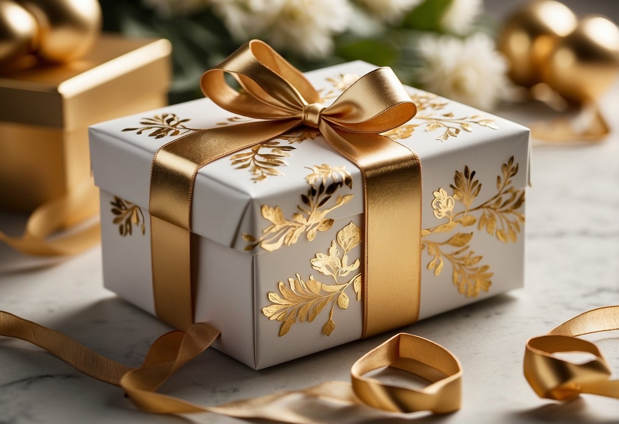 Gold foil accents adorn a white gift box with ribbon and bow. A delicate floral pattern adds elegance to the wrapping