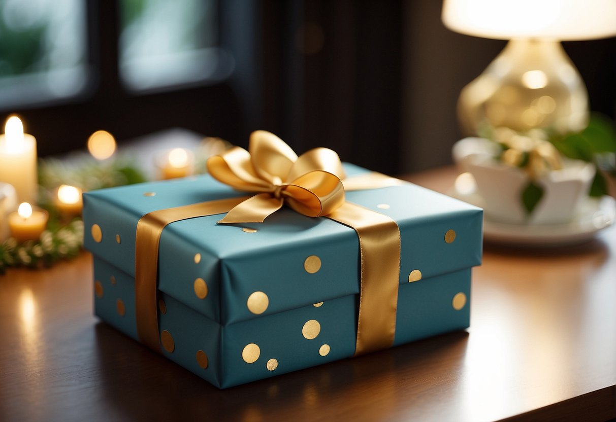 Parents place a beautifully wrapped gift on a table, symbolizing the significance of wedding day gifts for their daughter