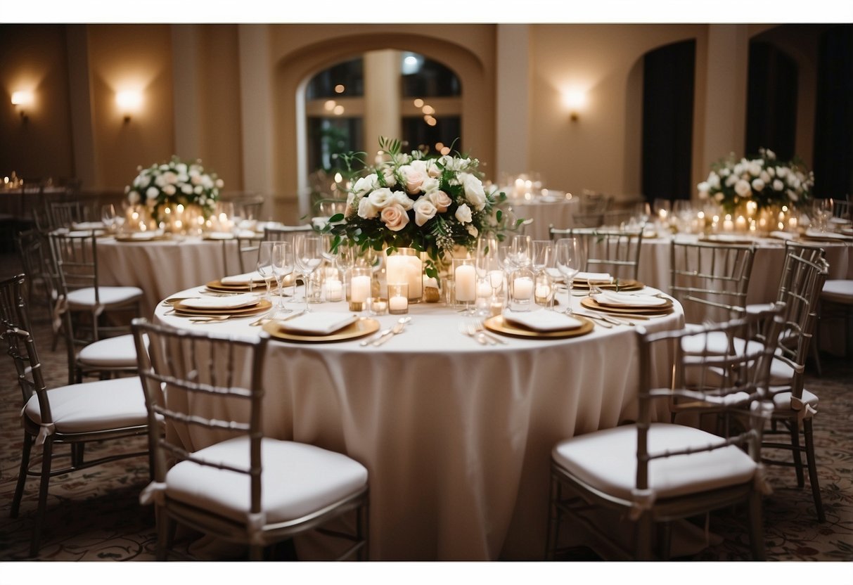 A round table with horseshoe-shaped seating, adorned with elegant centerpieces and place settings, creating an intimate and inclusive wedding reception layout