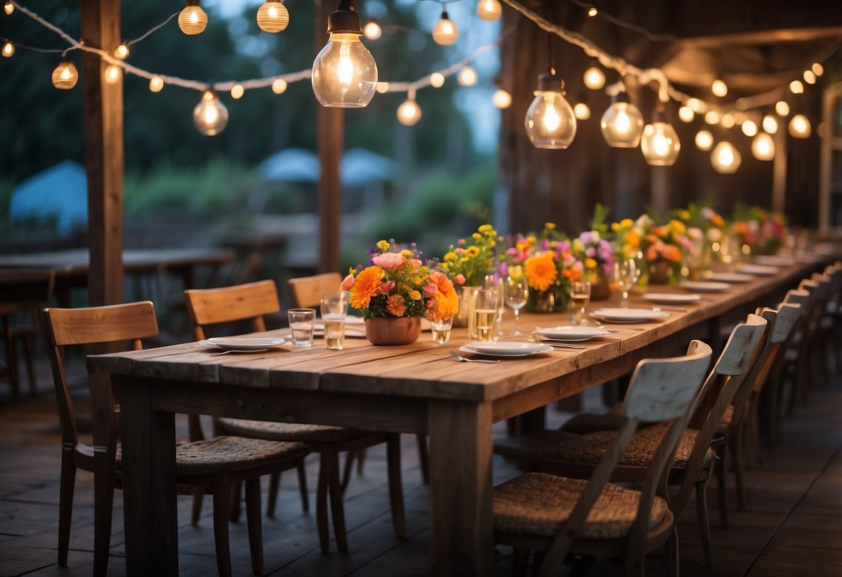 A long, rustic wooden table with mismatched chairs. Colorful floral centerpieces and hanging string lights create a cozy, intimate atmosphere