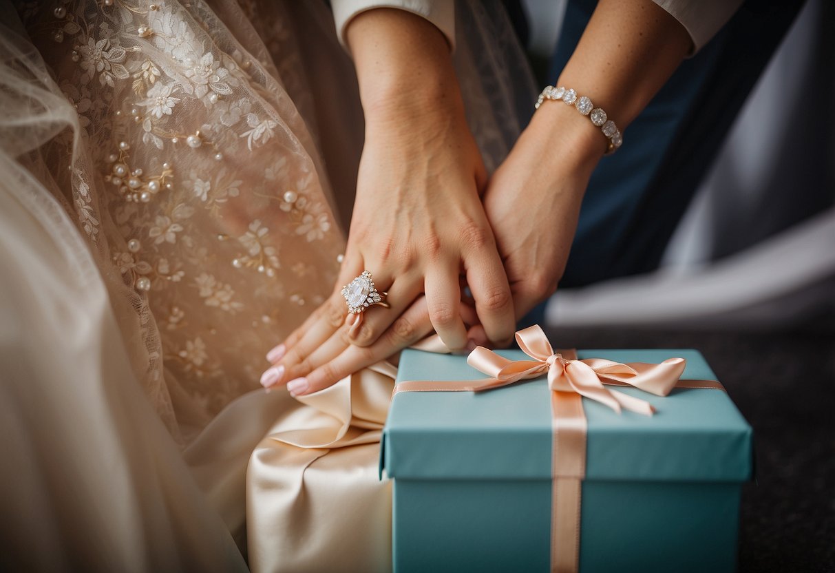 Parents present wedding gifts: jewelry, heirlooms, or sentimental items. Gifts symbolize love and support for their daughter on her special day