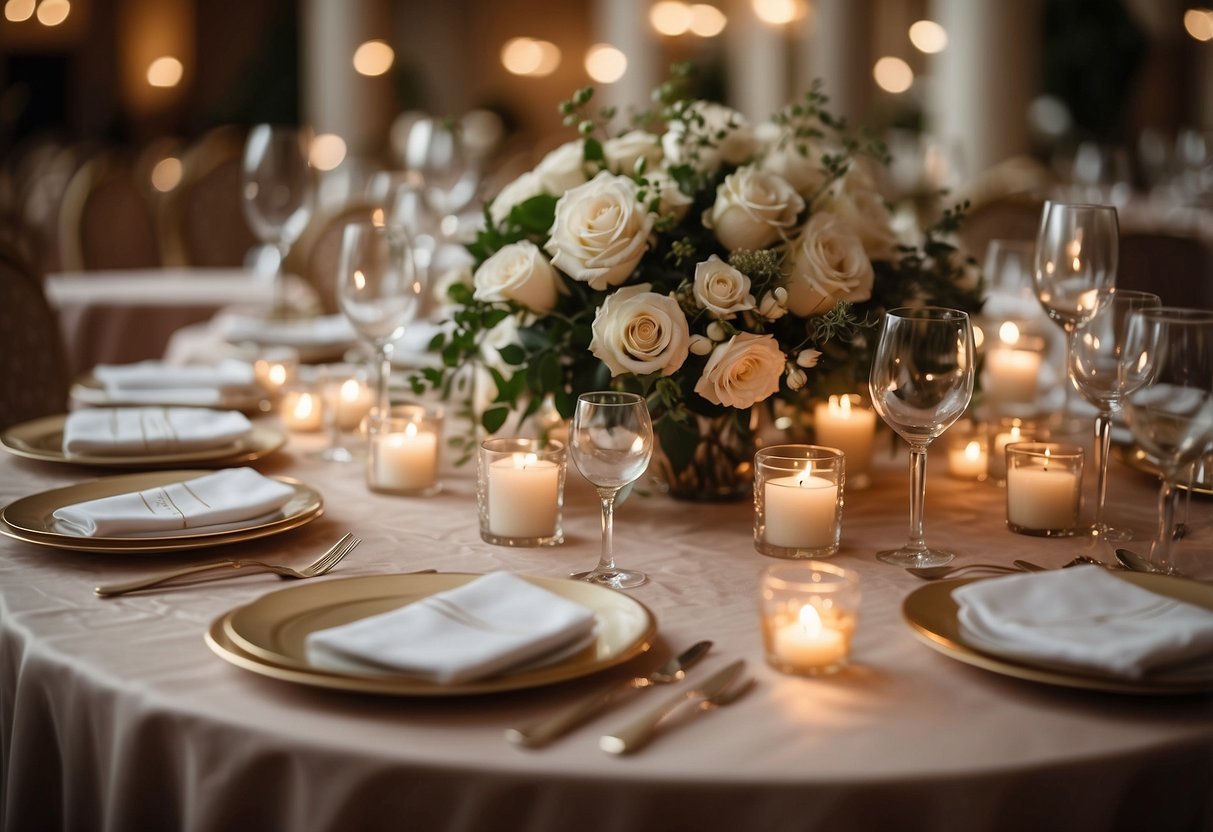 Several square tables arranged in a symmetrical layout, adorned with elegant table settings, floral centerpieces, and soft lighting for a romantic wedding ambiance