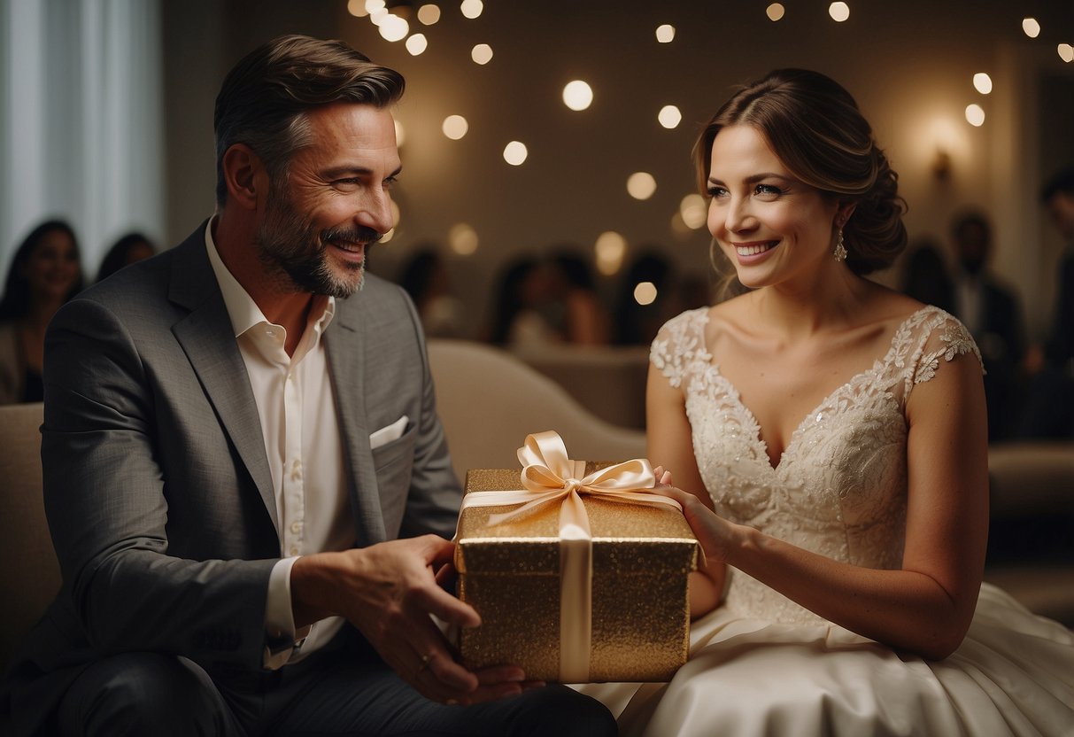 Parents present a wrapped gift to their daughter on her wedding day, with a loving and emotional expression on their faces