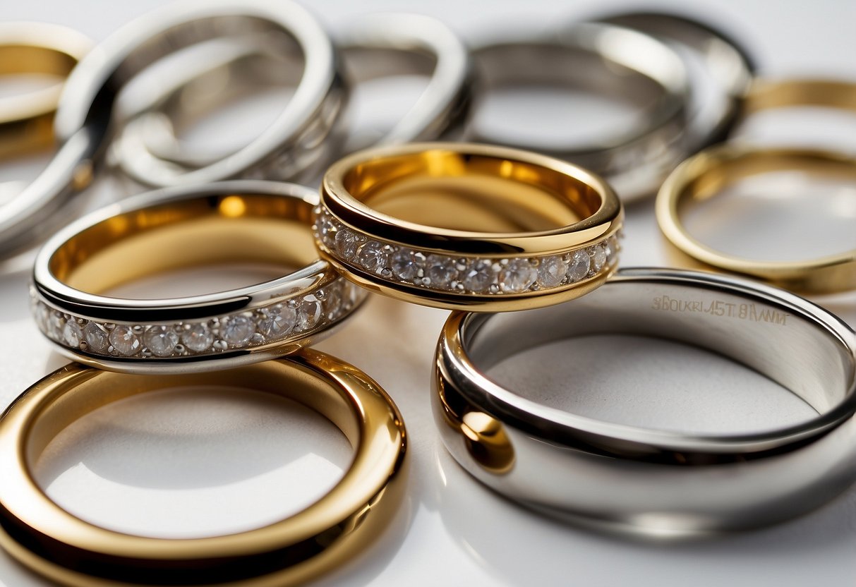 A stack of wedding rings in various designs and metals arranged on a clean, white surface with soft, natural lighting