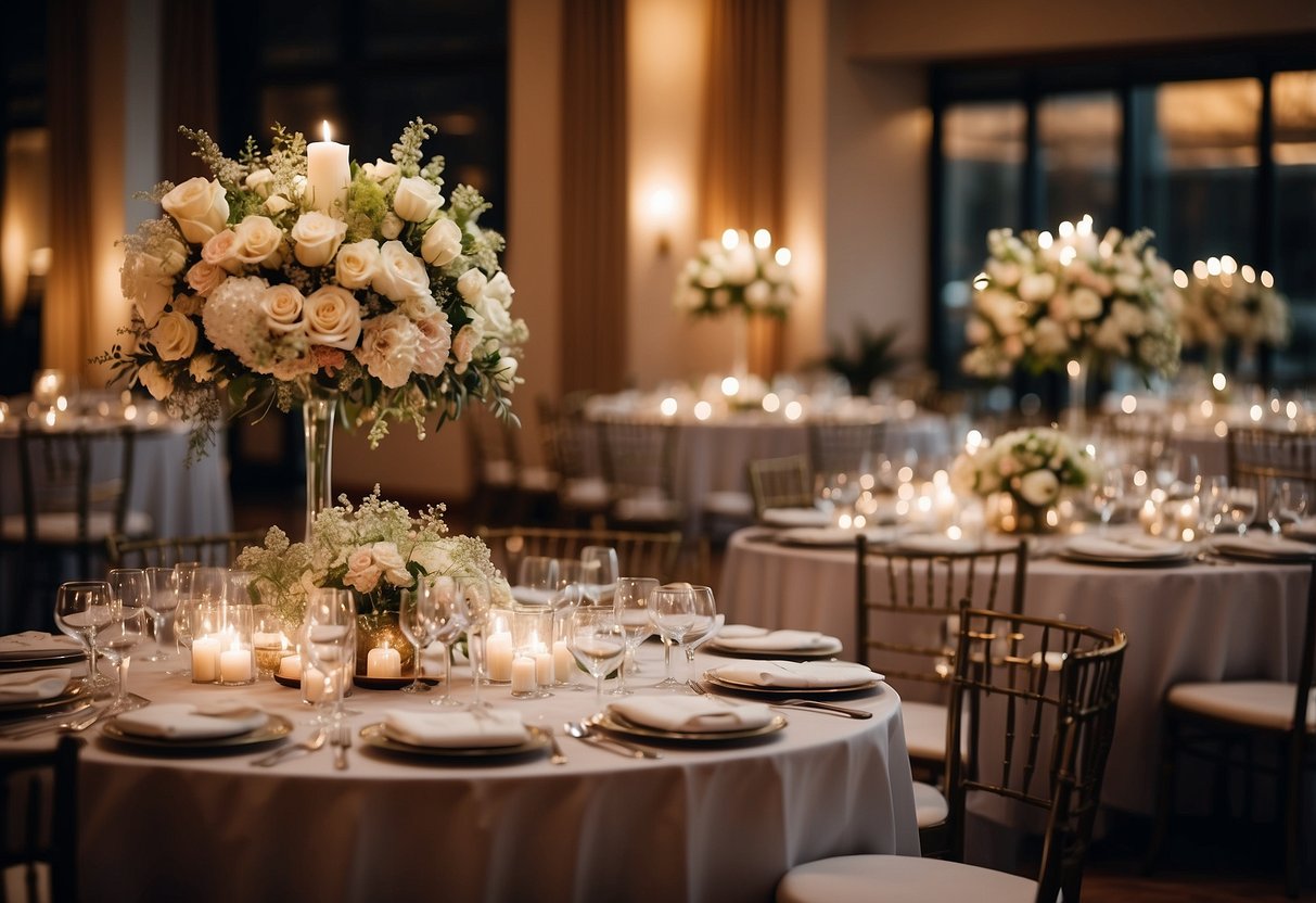 A spacious lounge area with elegantly arranged wedding tables, adorned with floral centerpieces and soft candlelight