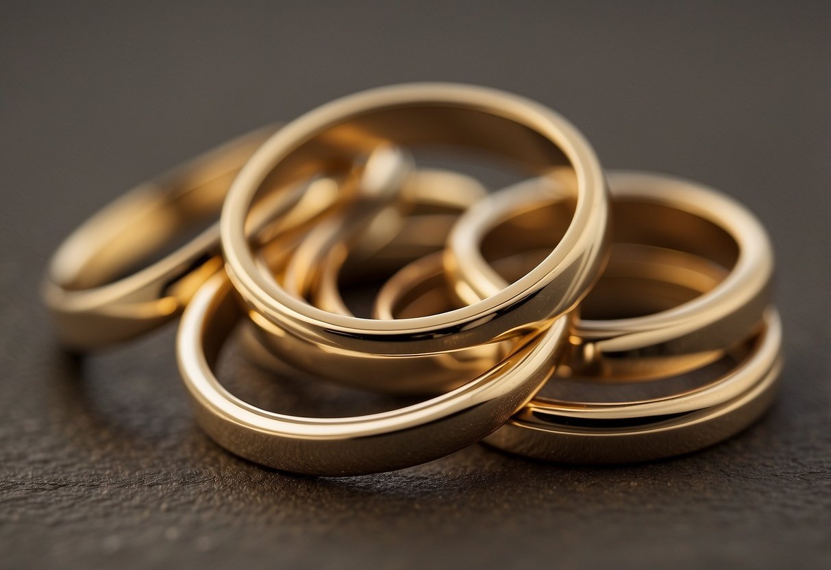 A stack of minimalist gold wedding bands, varying in width and texture, arranged on a clean, neutral surface with soft, natural lighting