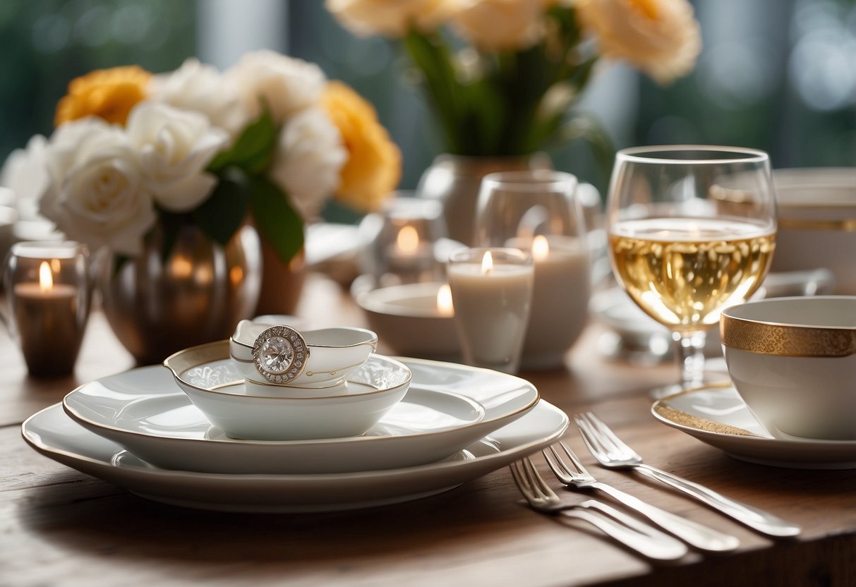 A table set with elegant dinnerware, surrounded by gifts and flowers. A banner reads "Love is in the Air."