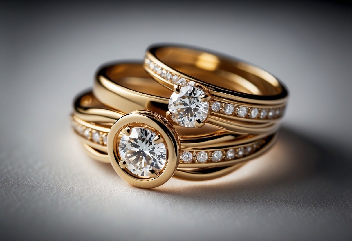 Two diamond infinity rings stacked on top of each other, with a third ring interlocking to create a beautiful wedding ring stack