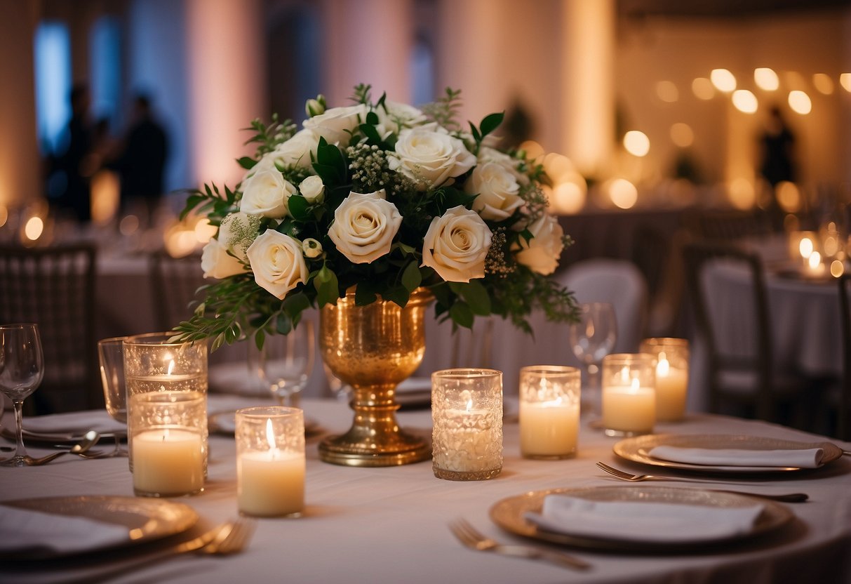 A circular wedding table layout with elegant place settings, floral centerpieces, and soft candlelight