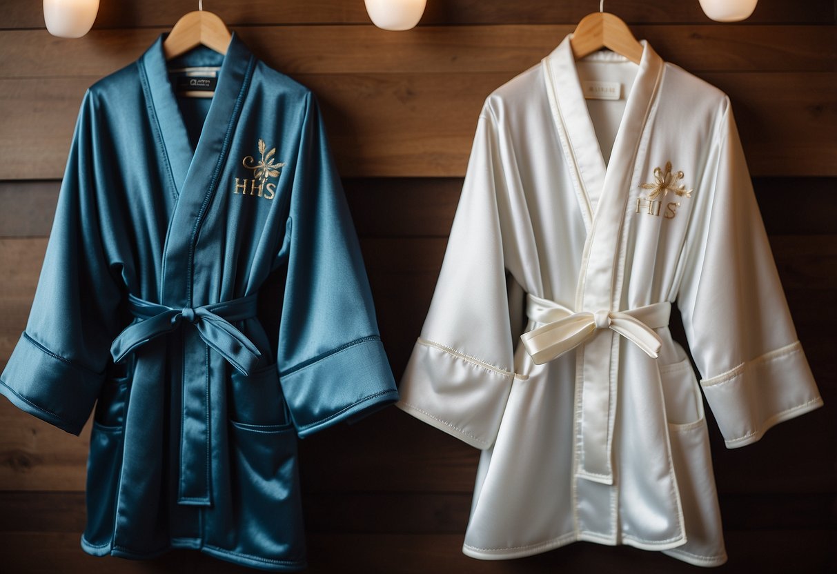 Two personalized robes hanging side by side, one with "His" and the other with "Hers" embroidered on the back, surrounded by wedding shower decor