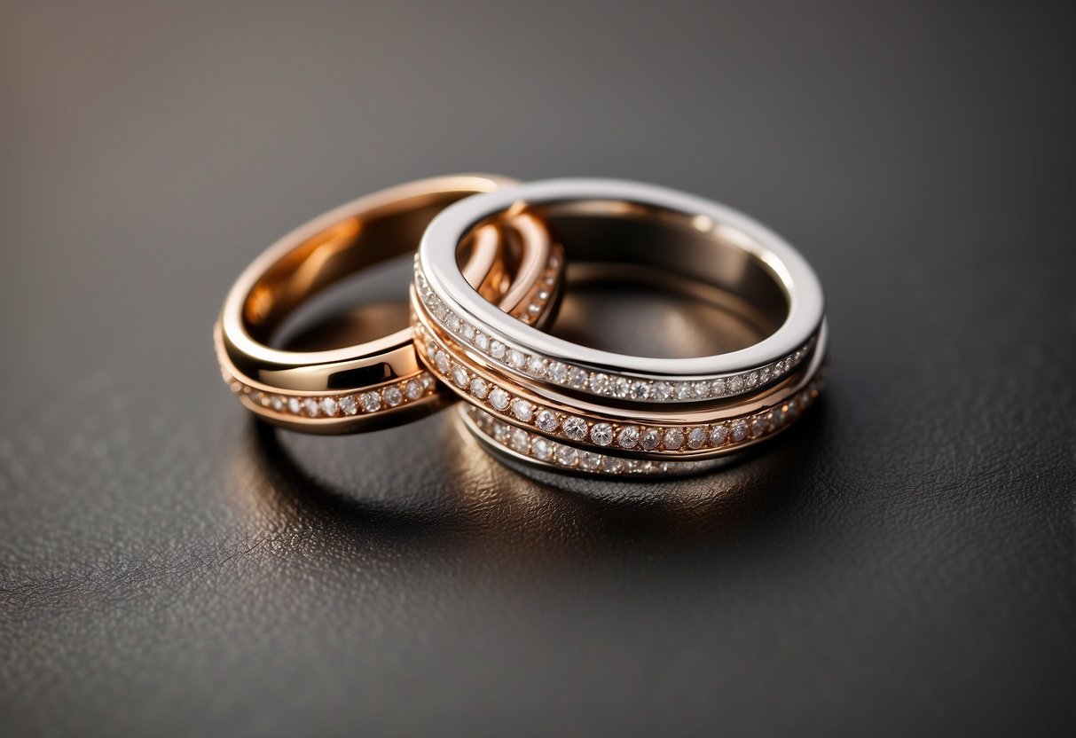 Two elegant wedding rings, one rose gold and one white gold, intertwined in a stack