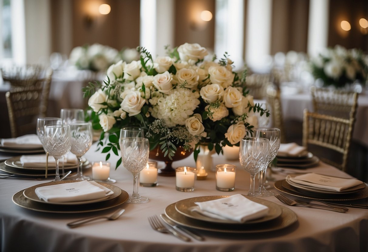 A beautifully arranged wedding table with elegant centerpieces, place settings, and personalized name cards