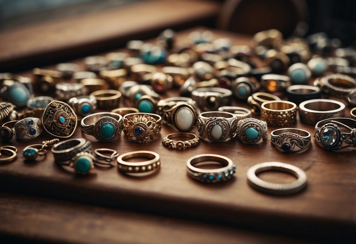 A table covered in vintage-inspired bohemian rings, stacked in various combinations, with soft, natural lighting casting shadows