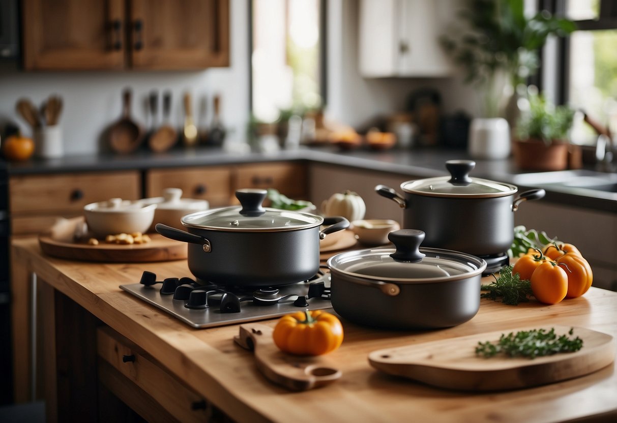 A cozy kitchen setting with a table set for two, featuring pots, pans, and cooking utensils. A voucher for a couples cooking class is displayed prominently on the table