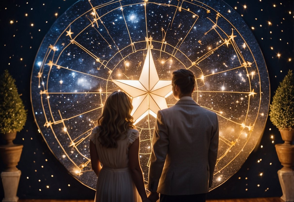 A couple admires a custom star map, surrounded by wedding shower decor