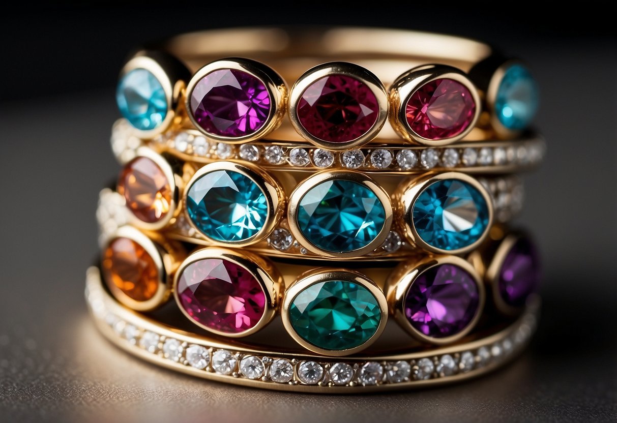 A stack of birthstone bands arranged in a wedding ring stack, showcasing different colored gemstones in a beautiful and elegant display