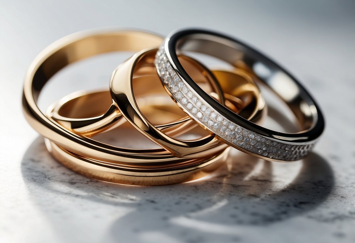 A stack of mixed metal geometric rings arranged on a white marble surface, casting soft shadows in natural light