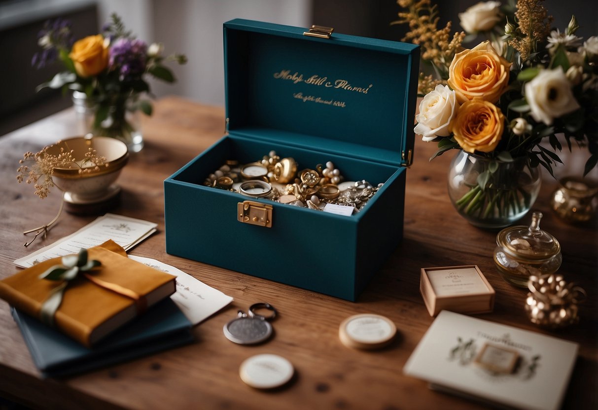 A decorative memory box sits on a table, filled with mementos and trinkets. A wedding invitation, dried flowers, and a small photo album are visible inside