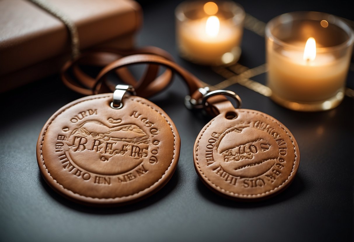 Two matching leather travel tags with elegant lettering and a heart-shaped design, surrounded by travel-themed decor and gift wrapping