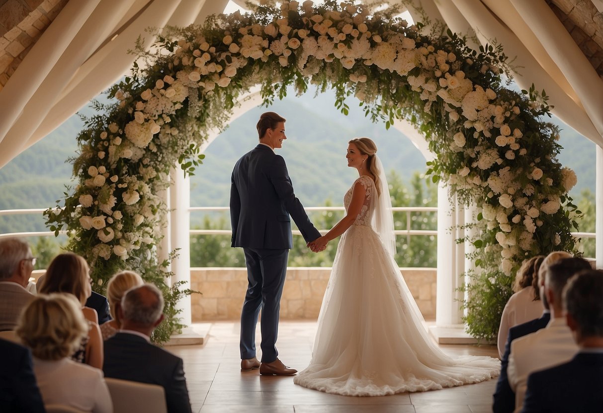 A bride and groom stand beneath a floral arch, exchanging vows. The venue is adorned with elegant decor and soft lighting, creating a romantic atmosphere