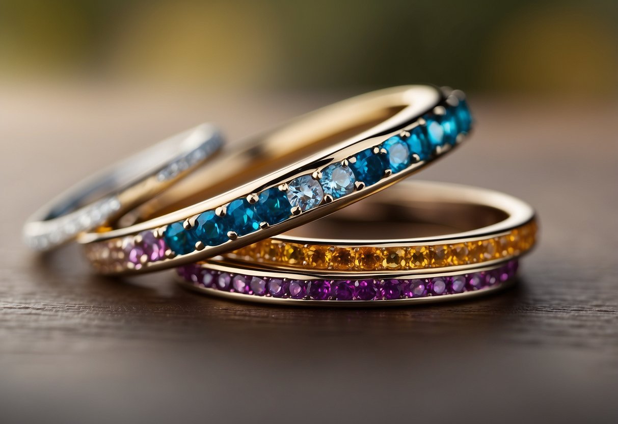 A stack of eternity rings with mixed gems, arranged in a captivating display, showcasing a variety of colors and sizes