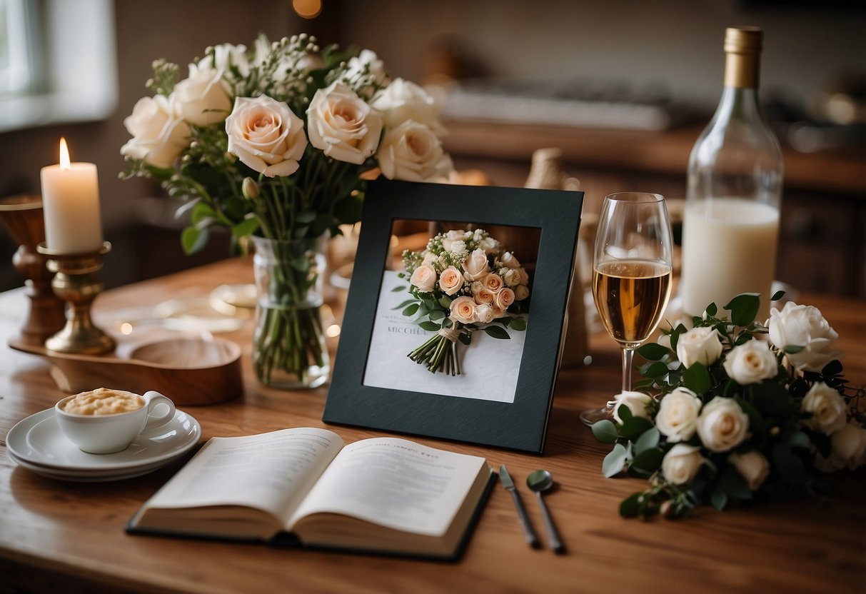 A table with a personalized recipe book, a bouquet of flowers, and a bottle of champagne, surrounded by wedding-themed decor and kitchen utensils