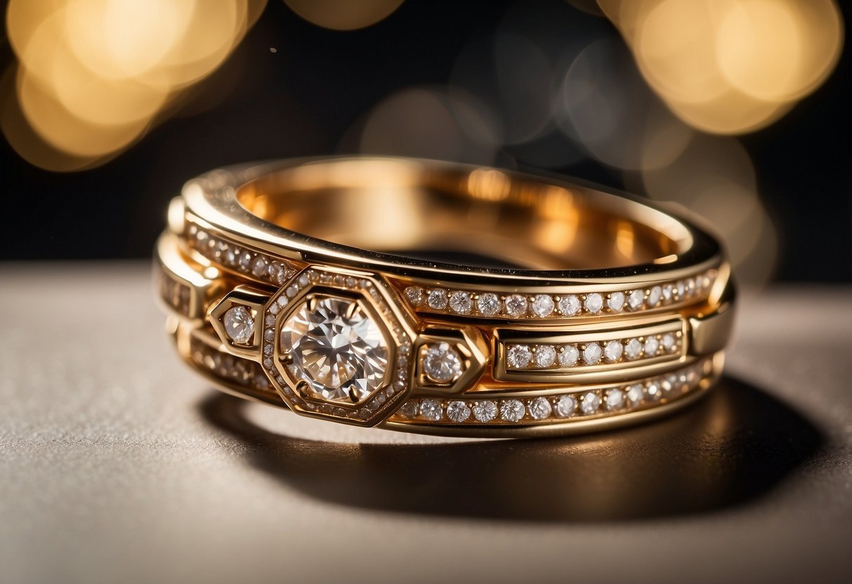 A stack of Art Deco-inspired wedding rings, featuring geometric shapes and intricate details, set against a luxurious background with elegant lighting