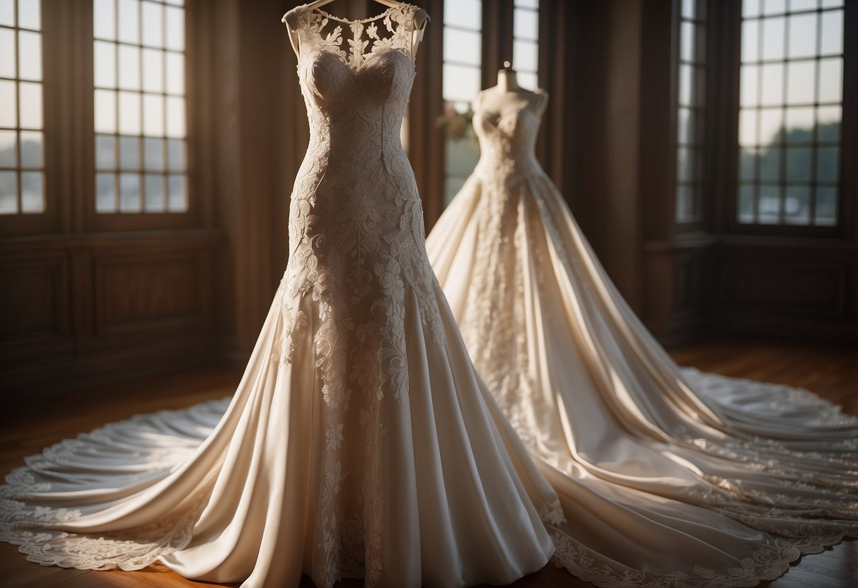 An elegant silk wedding dress draped over a hanger, with intricate lace details and a flowing train, surrounded by soft lighting and delicate floral accents