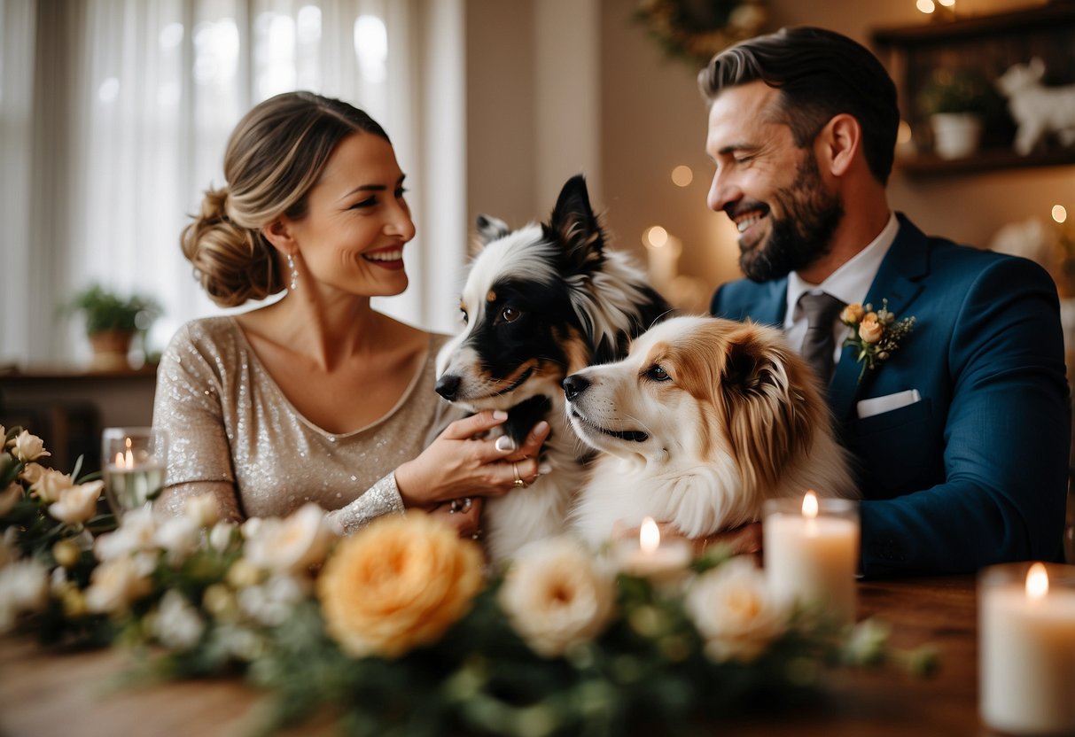 A couple surrounded by their beloved pets, exchanging vows with a personalized pet portrait displayed prominently in the background