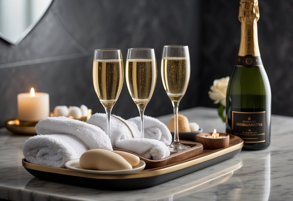 A spa set displayed on a marble countertop, with matching "His" and "Hers" robes, towels, and slippers. A bottle of champagne and two glasses sit nearby