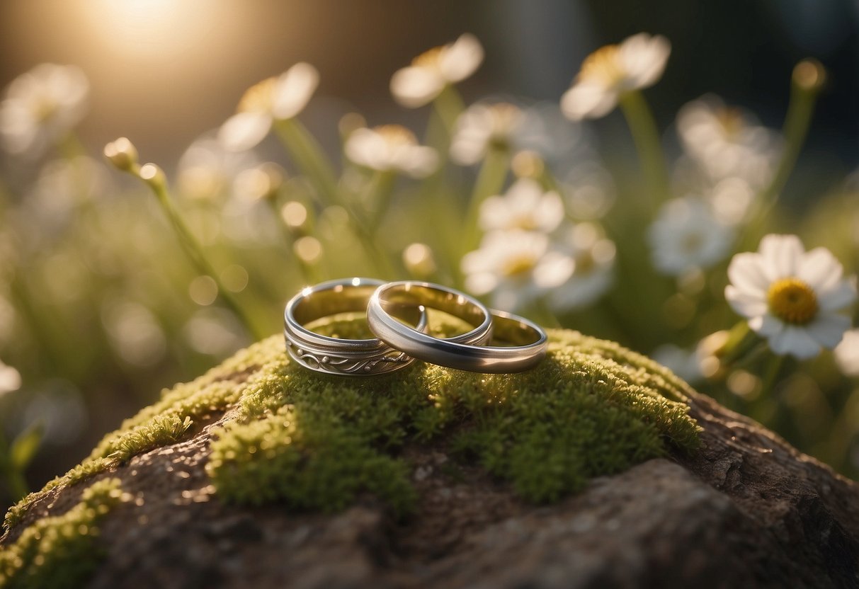 A serene garden with blooming flowers and a gentle breeze. A soft, warm light illuminates a pair of intertwined wedding rings