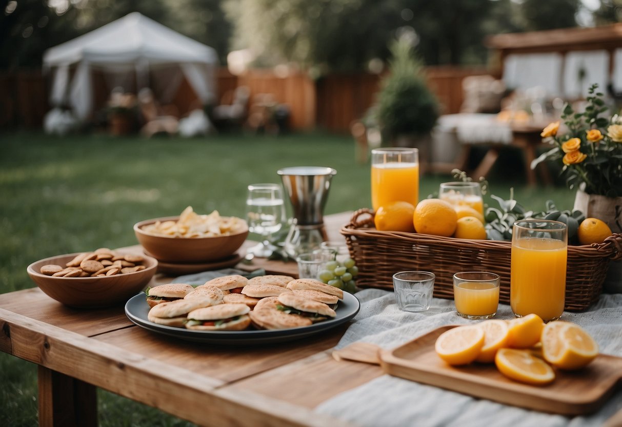 A cozy backyard picnic with personalized decor, games, and a DIY cocktail station for a couple celebrating their upcoming wedding