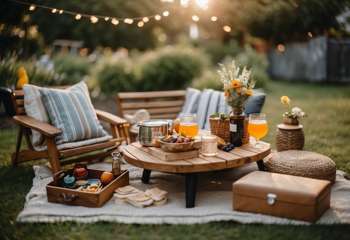 A cozy outdoor garden setting with a picnic-style setup, complete with a variety of board games and a DIY cocktail station for the couple to enjoy