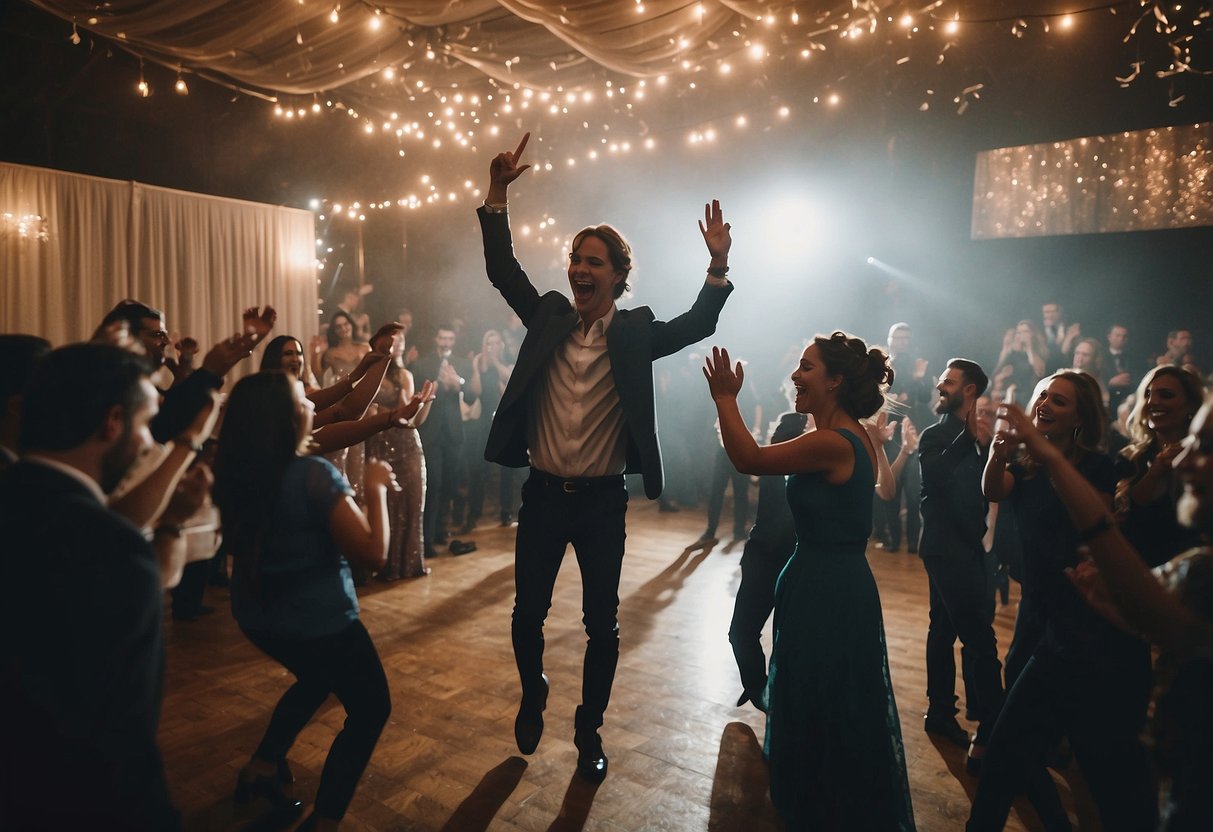 A Christian rock band performs at a wedding, with a cross as a backdrop and joyful guests dancing and clapping along