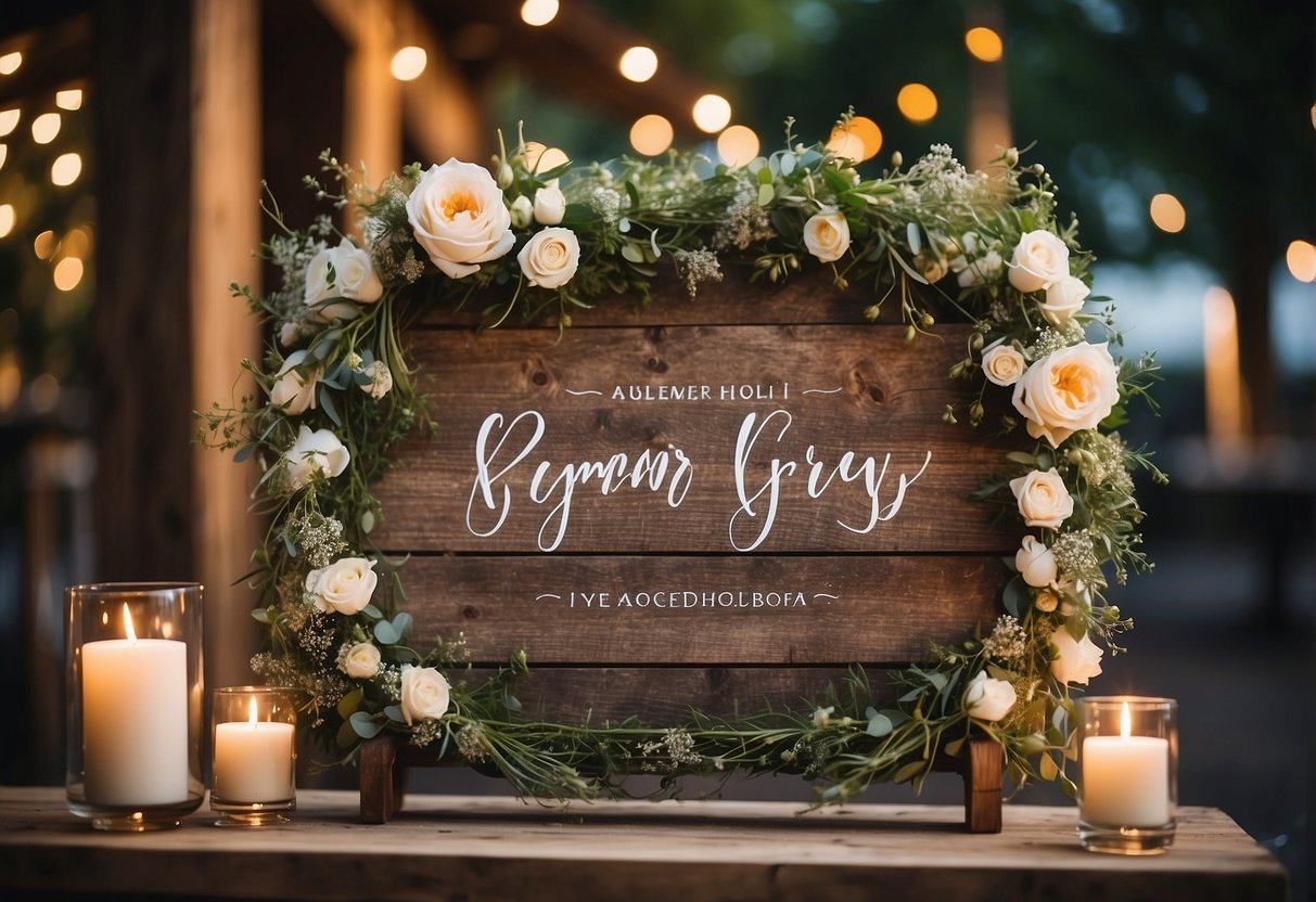 A rustic wooden sign with elegant calligraphy displays various wedding sign wording ideas, surrounded by delicate floral arrangements and twinkling string lights