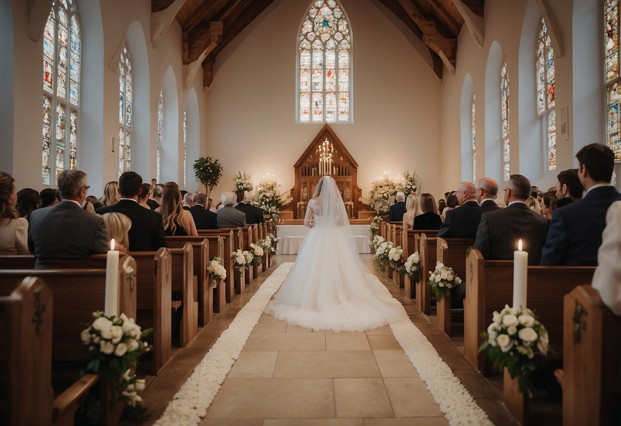 A traditional chapel ceremony with a white altar, stained glass windows, and wooden pews filled with guests. A bride in a flowing white gown walks down the aisle towards the groom at the altar